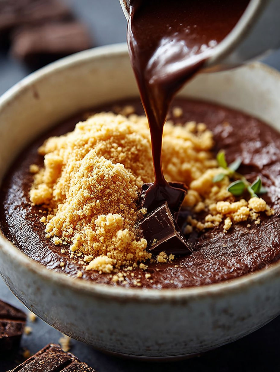 Détail de la texture onctueuse de la crème chocolat avec ses pépites de crumble.