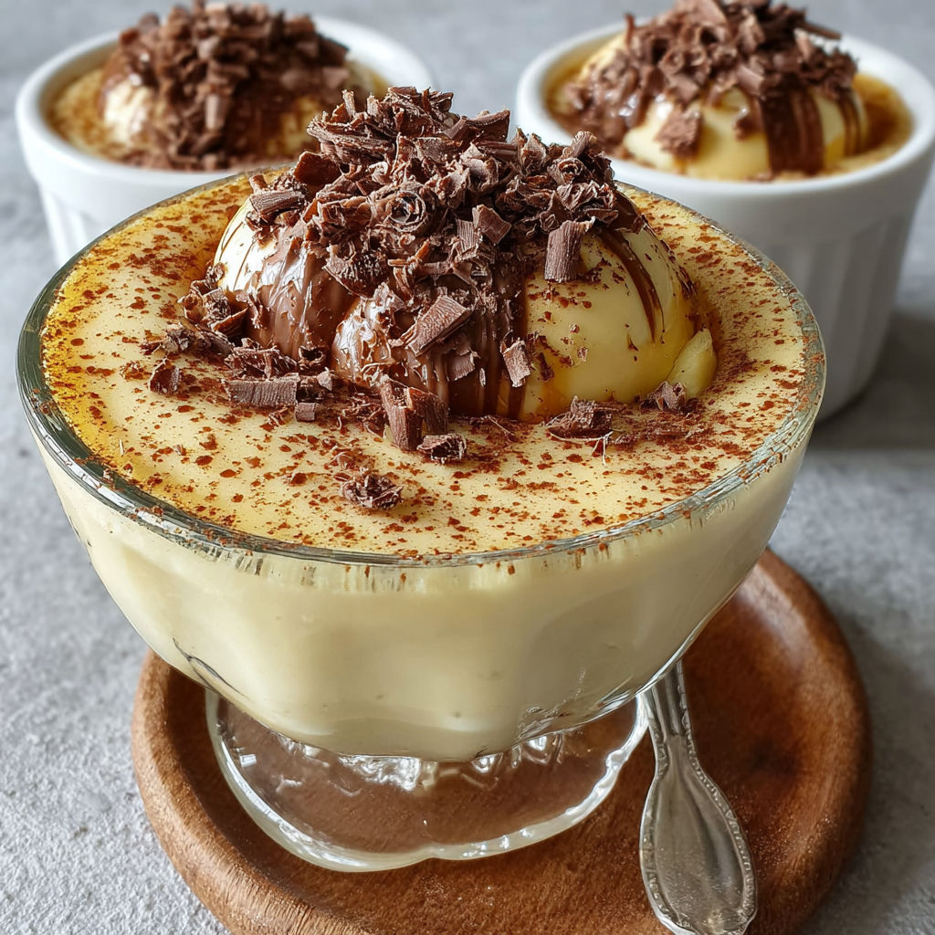 Une crème dessert café-chocolat croustillante est servie dans un bol sur un plateau.