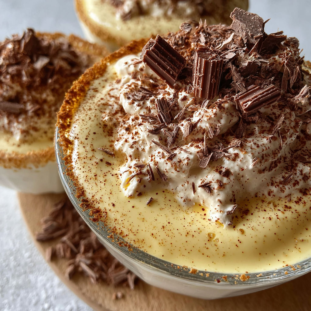 Verrines de crème dessert café surmontées de copeaux de chocolat noir intense.