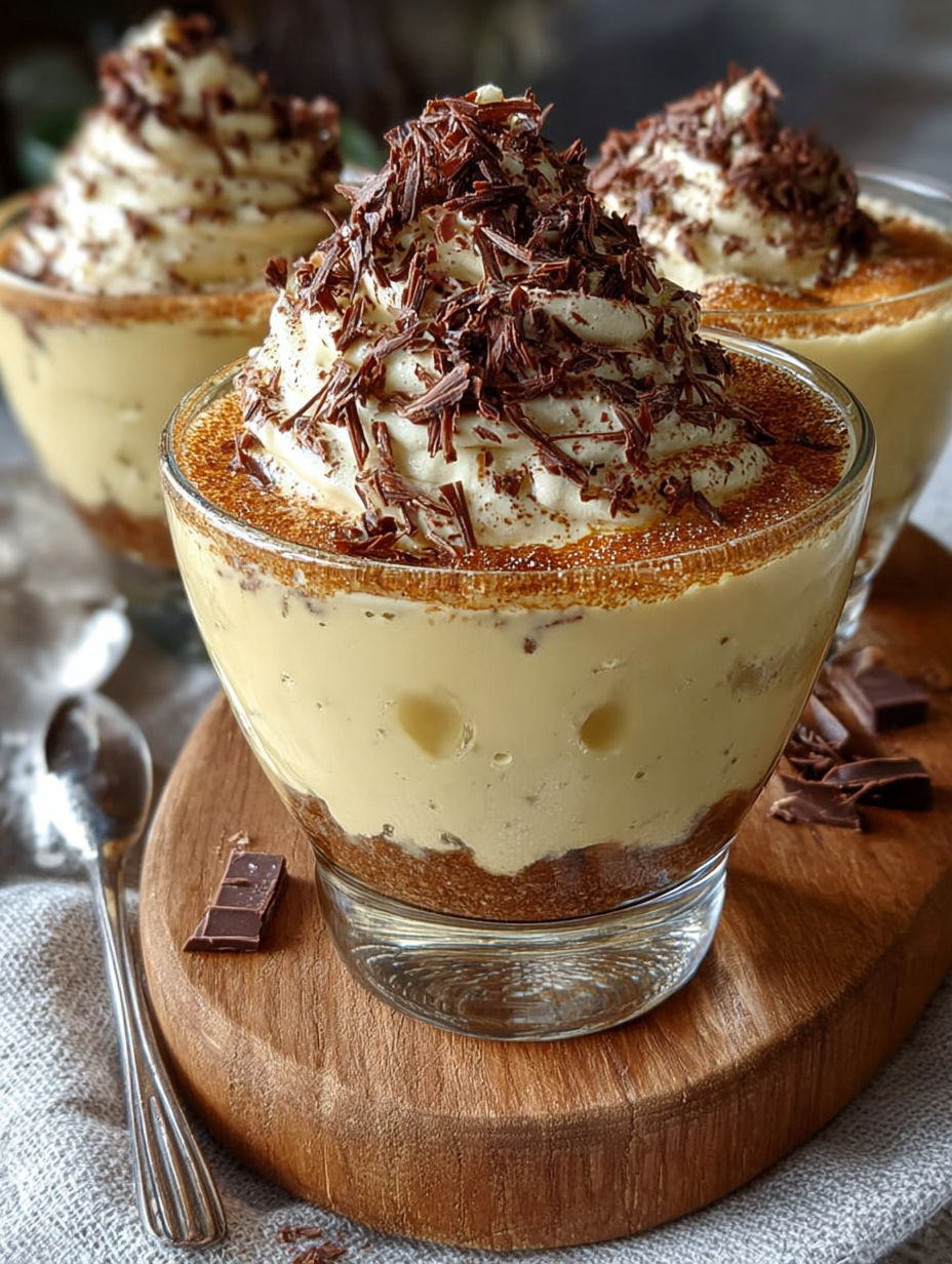 Gros plan sur un dessert en verrine avec une couche de caramel et du chocolat croquant.