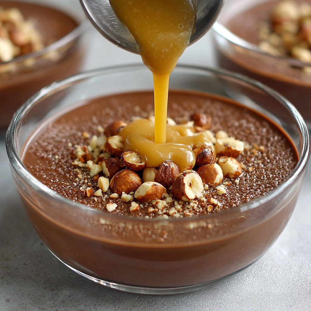 Verrine de crème chocolat intense surmontée de noisettes grillées concassées.