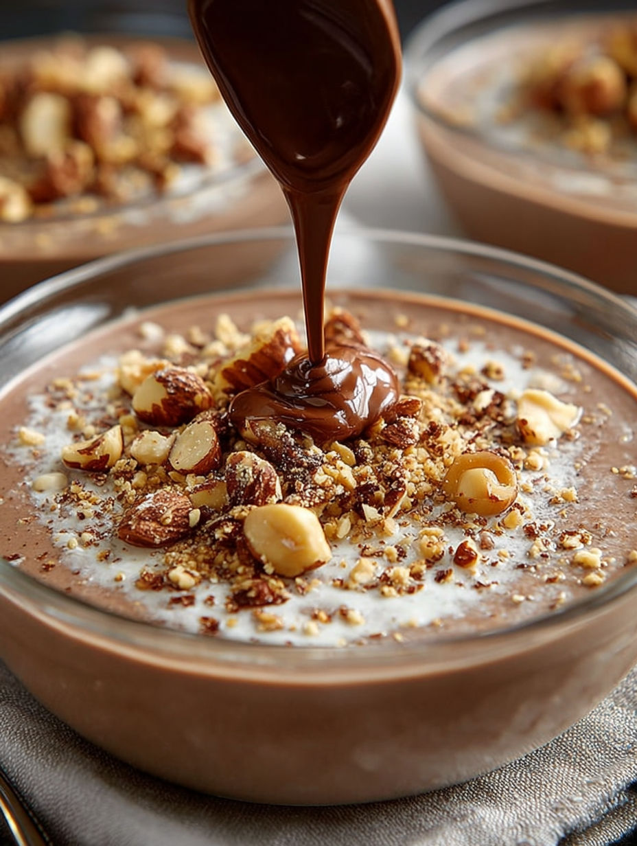 Détail de la crème chocolat onctueuse avec éclats de noisettes et morceaux de chocolat.