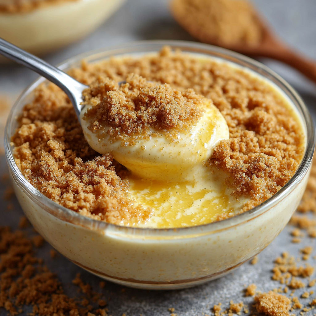 Verrines de crème vanille onctueuse surmontées d'un crumble de biscuits dorés.