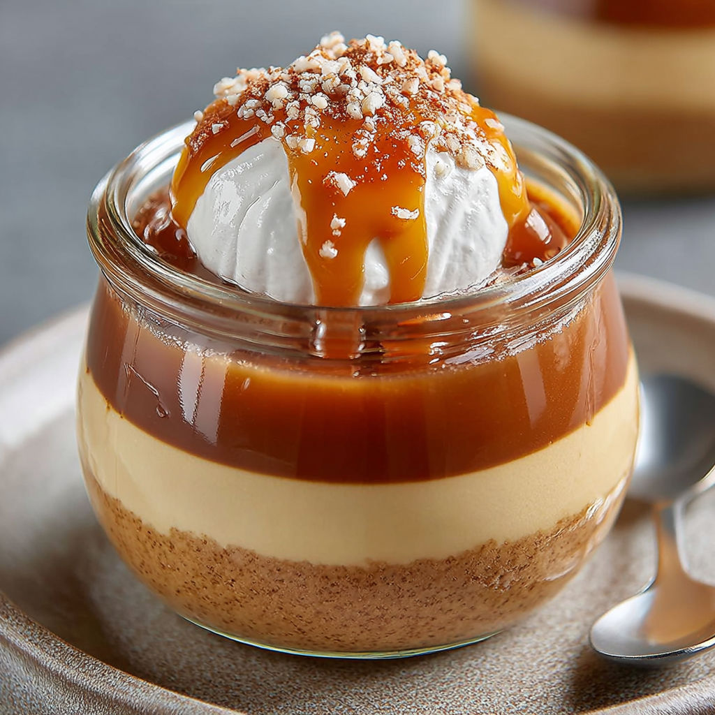 Une tarte au caramel en pot, garnie de crème et de sucre, est servie sur un plateau.