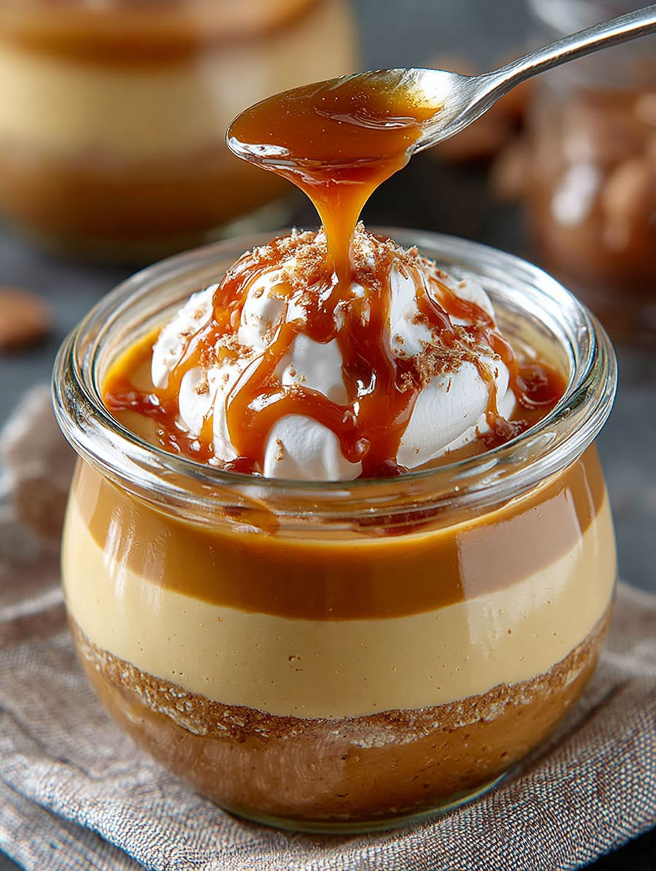 Gros plan sur une cuillère de crème café liégeois maison avec son nappage caramel.