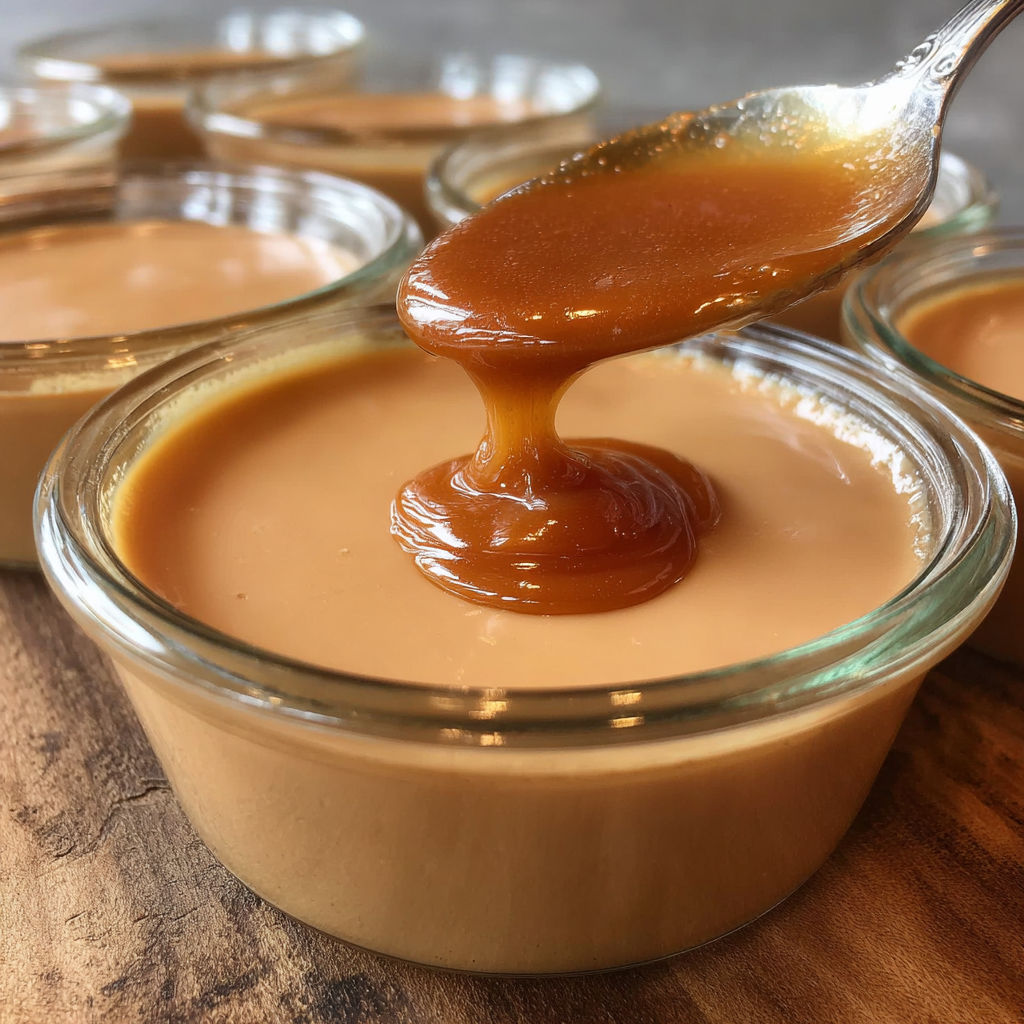 Une tasse de crème dessert caramel fondante est sur une table de travail.
