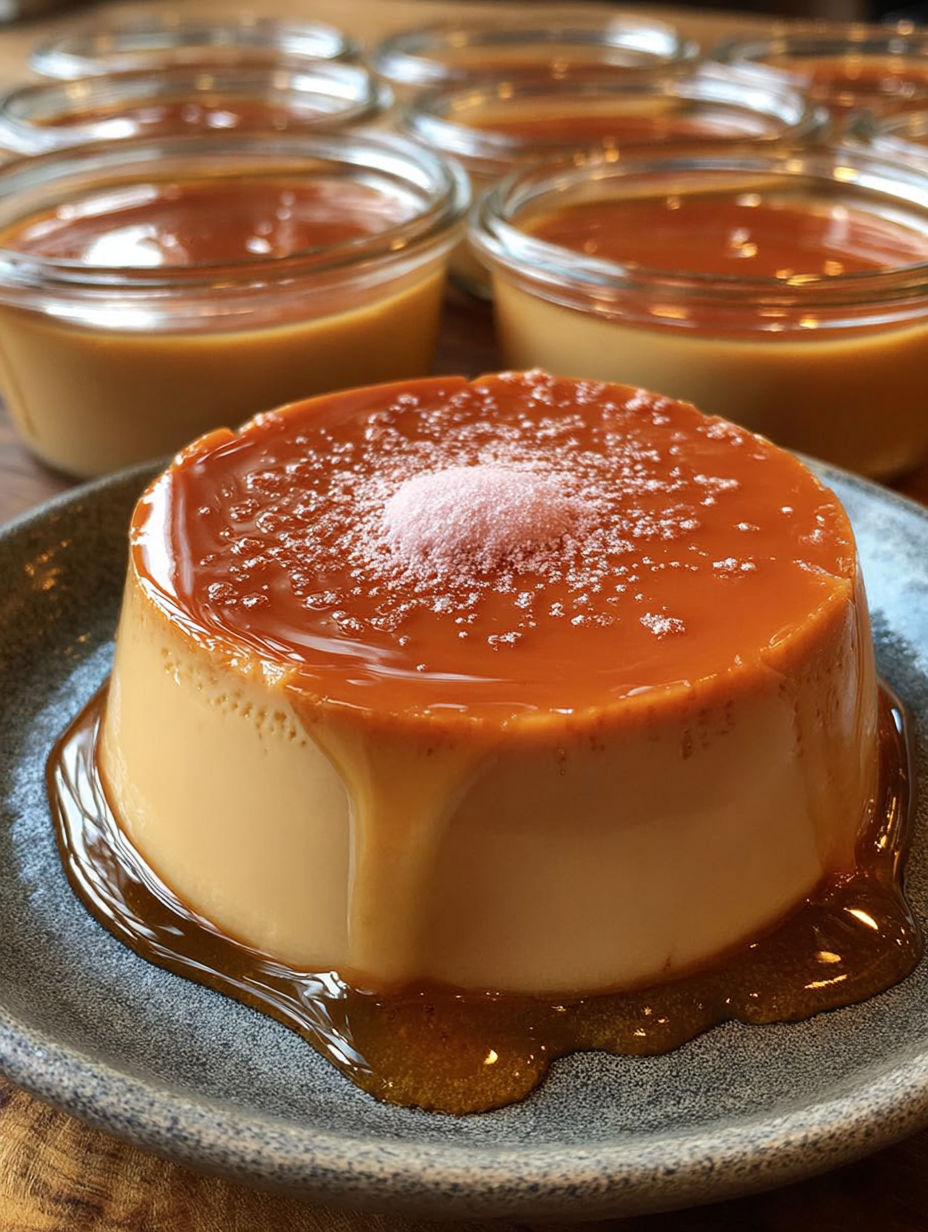 Gros plan sur la cuillère plongeant dans une crème caramel veloutée garnie de crème fouettée.