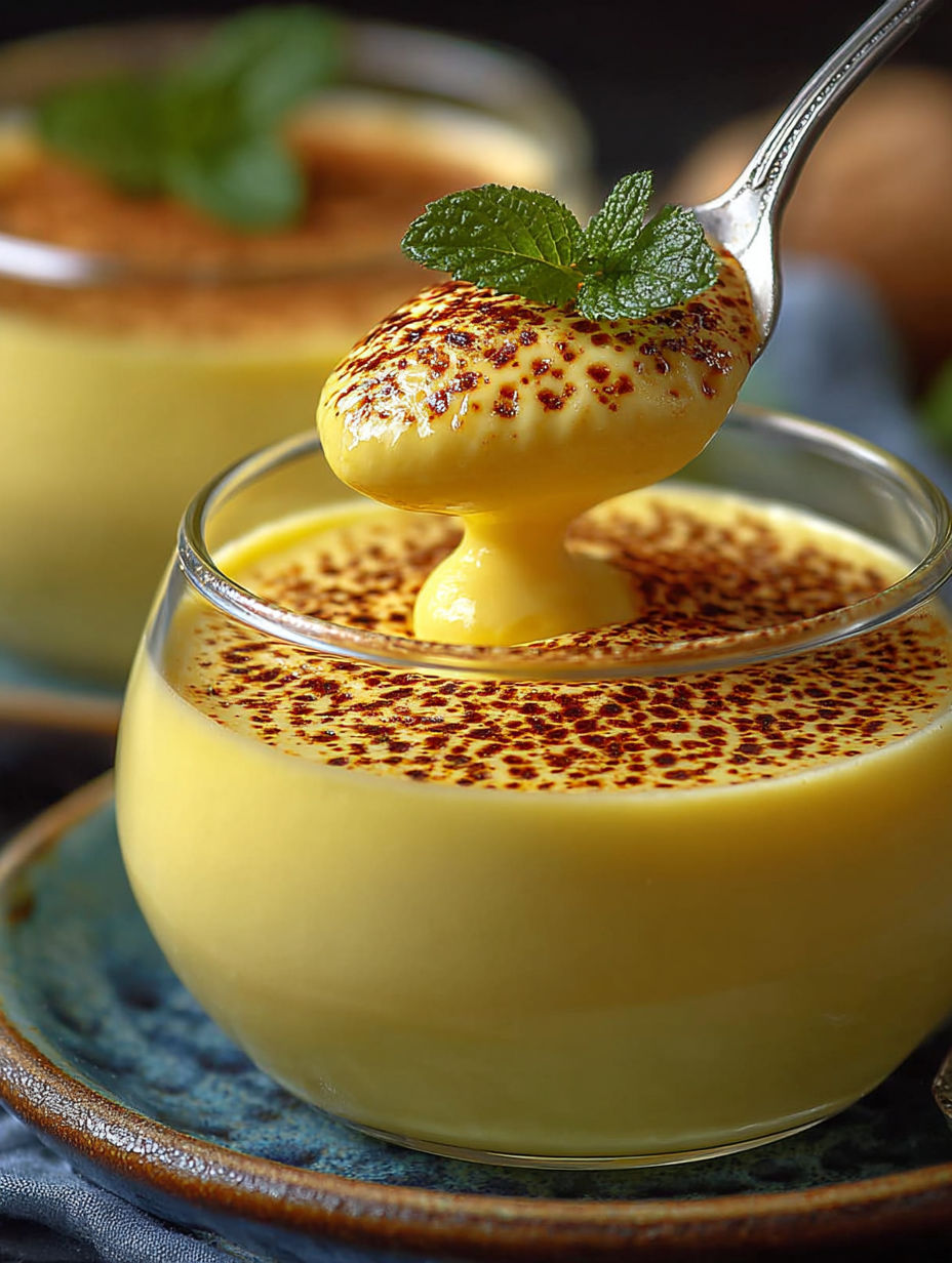 Détail de la texture satinée de la crème vanille saupoudrée d'un nuage de cacao.