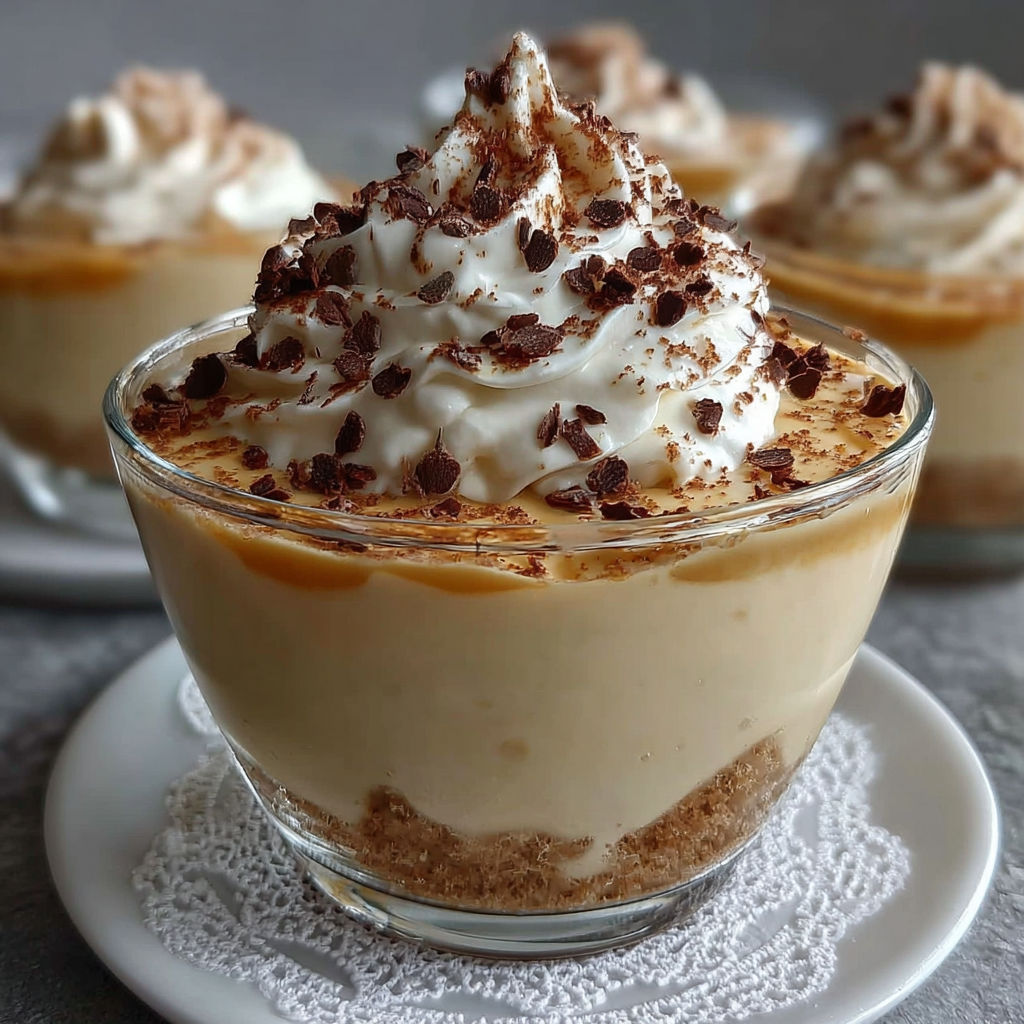 Une tasse de crème dessert au café et chantilly, garnie de chantilly et de café, est servie sur un plateau.