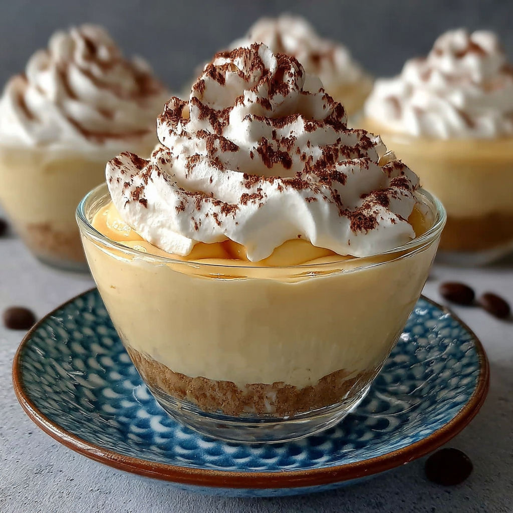 Verrine élégante de crème au café surmontée d'une chantilly généreuse et de cacao.