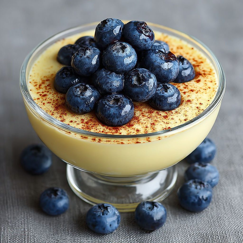 Une assiette de crème dessert vanille aux myrtilles et cannelle, avec des myrtilles sur le dessus.