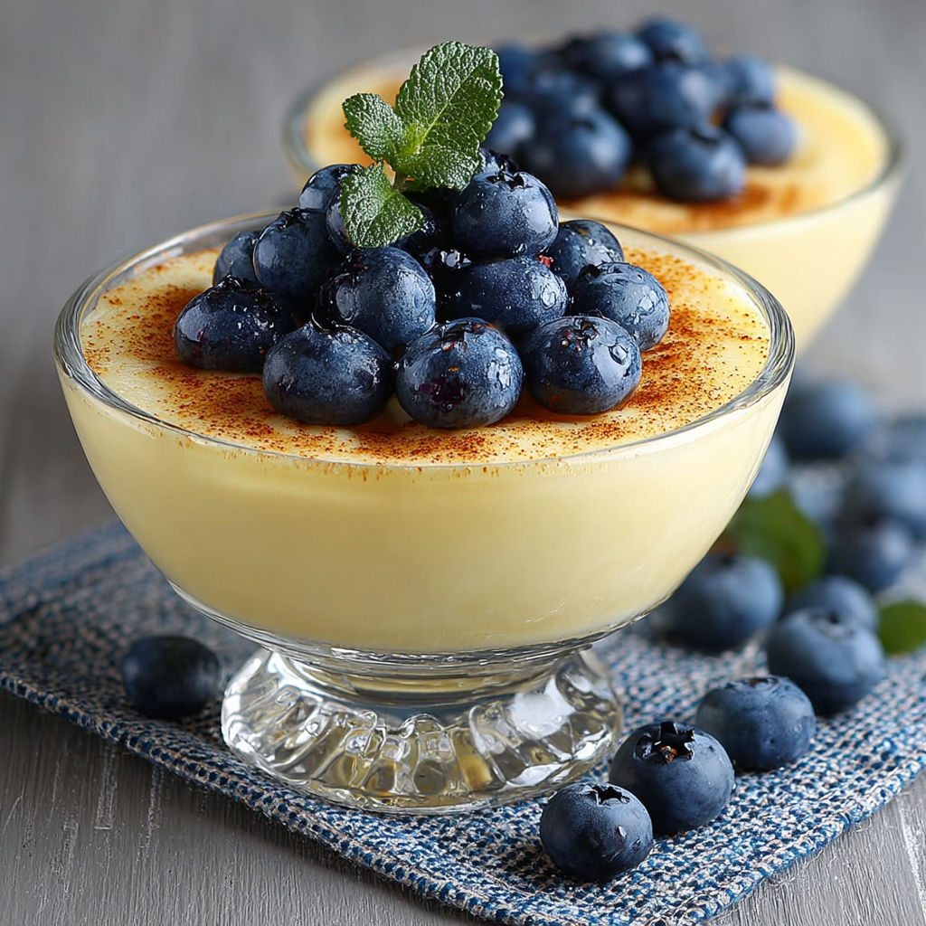 Verrine de crème vanille onctueuse parsemée de myrtilles fraîches.