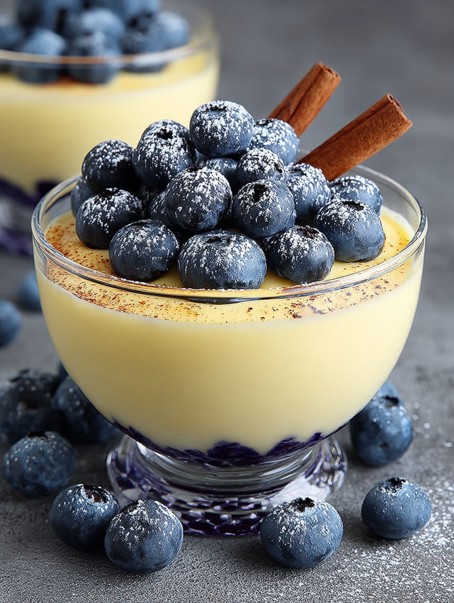 Détail de la texture satinée de la crème vanille avec sa garniture fruitée et son bâton de cannelle.