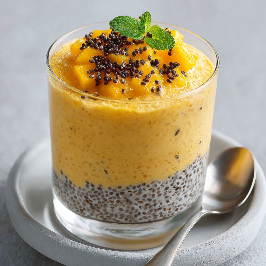 Un dessert mangue et graines de chia dans un verre.