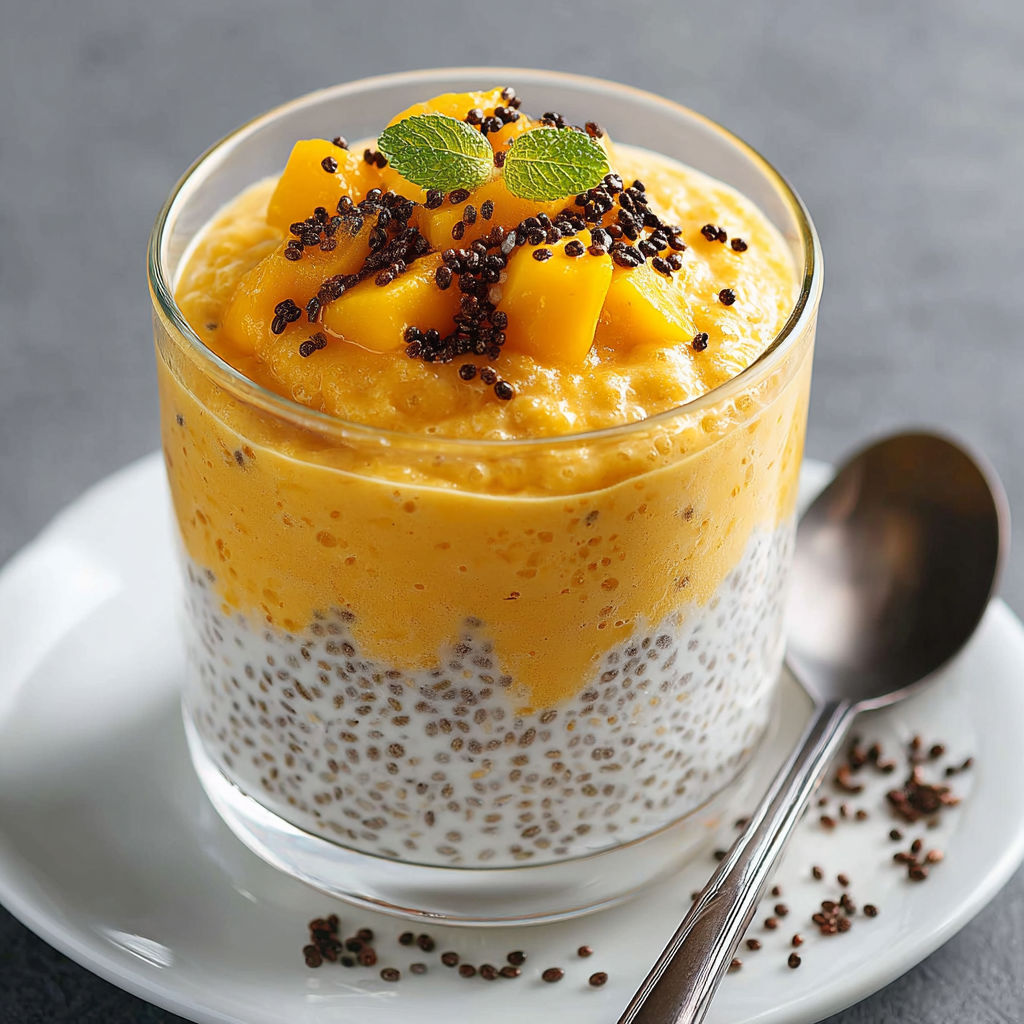 Verrine de crème mangue et graines de chia décorée de menthe fraîche.