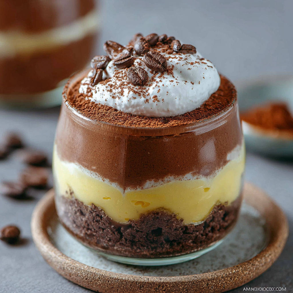 Une crème dessert chocolat et café façon gourmande est servie dans un verre.