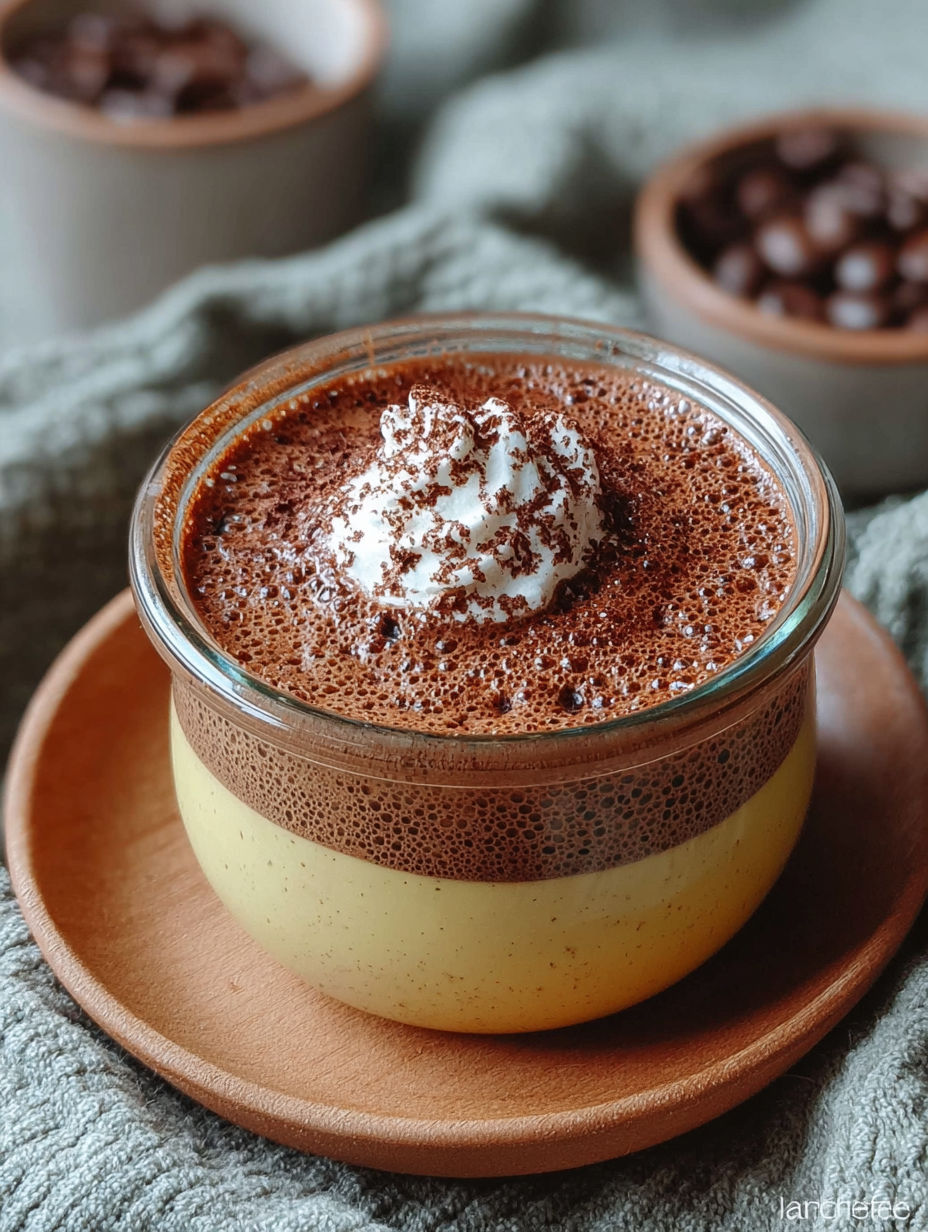 Détail de la chantilly saupoudrée de cacao sur un lit de crème chocolat intense.