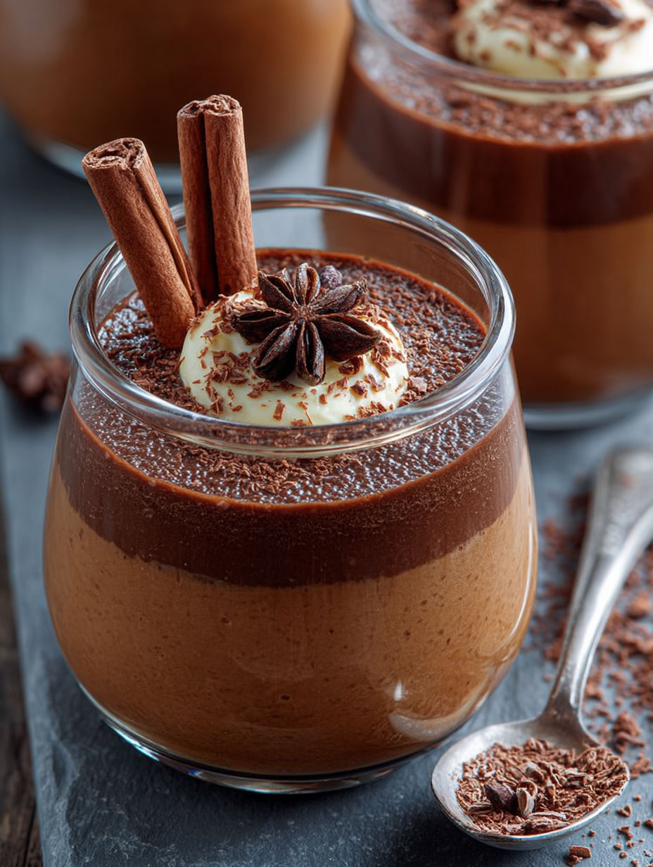 Détail d'une crème chocolat épicée avec son bâton de cannelle décoratif.