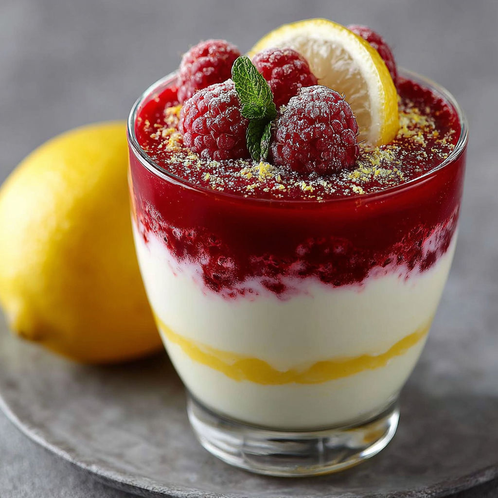 Verrine fraîcheur citronnée avec son lit de framboises acidulées.