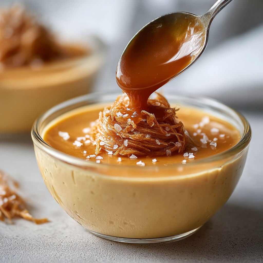 Crème dessert au caramel onctueuse servie dans un bol avec une cuillère gourmande.