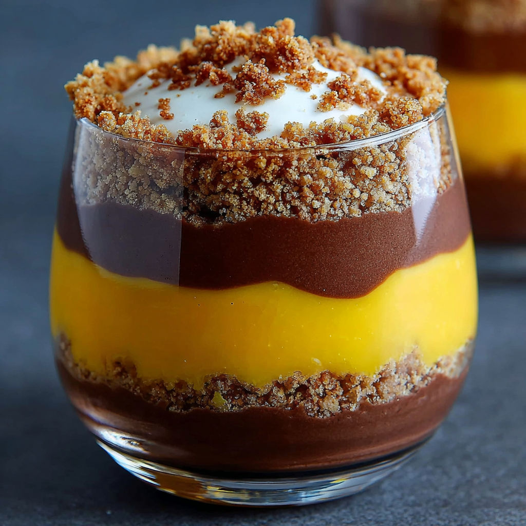 Une crème dessert chocolat et mangue en verrine croustillante est servie dans un verre.