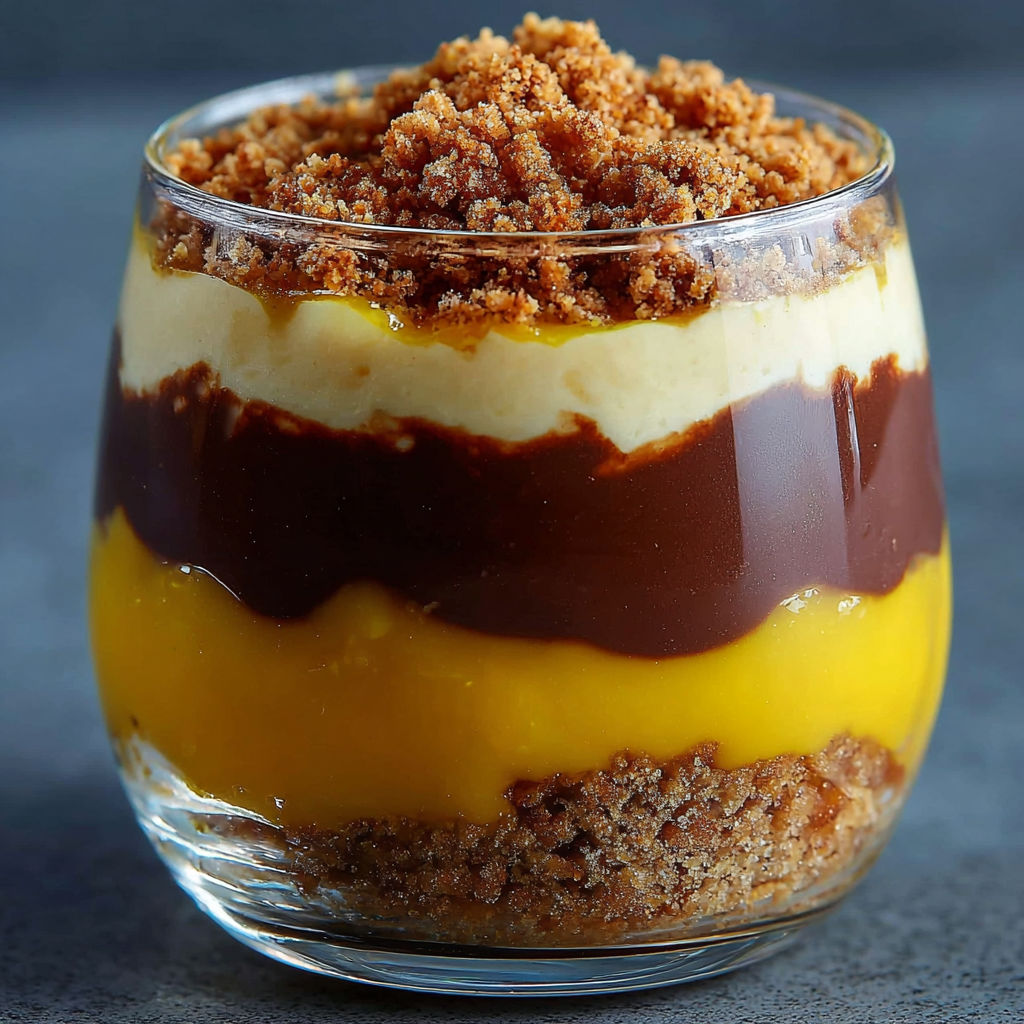 Verrine étagée de crème chocolat et mangue avec crumble de biscuit sablé.
