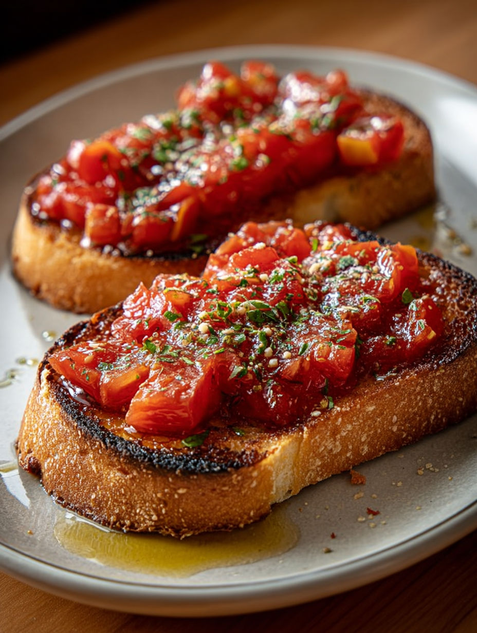 Une pâte de tomate et de basilic sur du pain grillé.