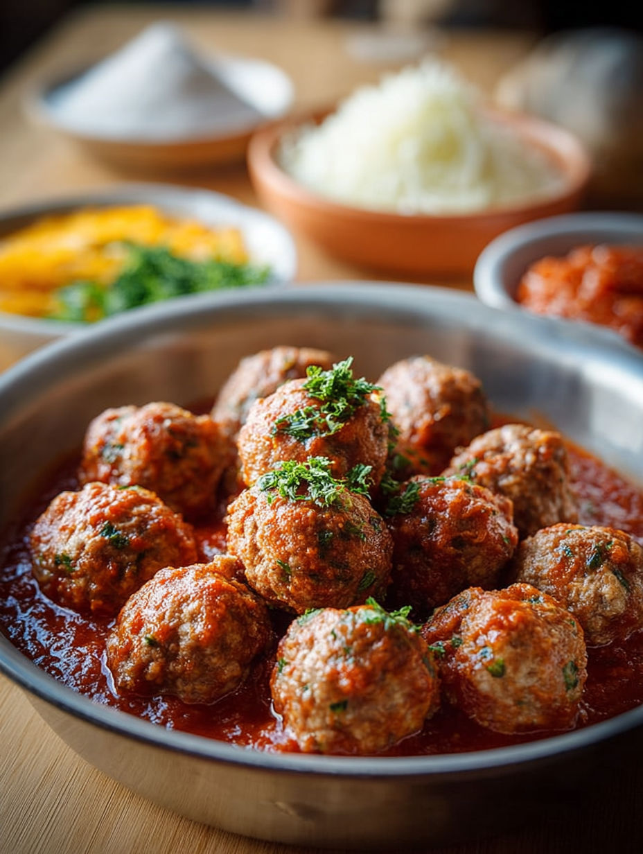 Une recette de boulettes de viande dans un bol avec des légumes et des sauces.