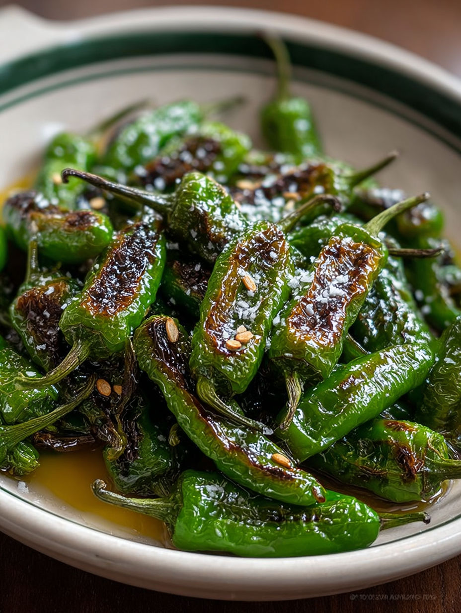Une assiette de poivrons verts et noirs, avec une sauce au piment, est servie sur une table.