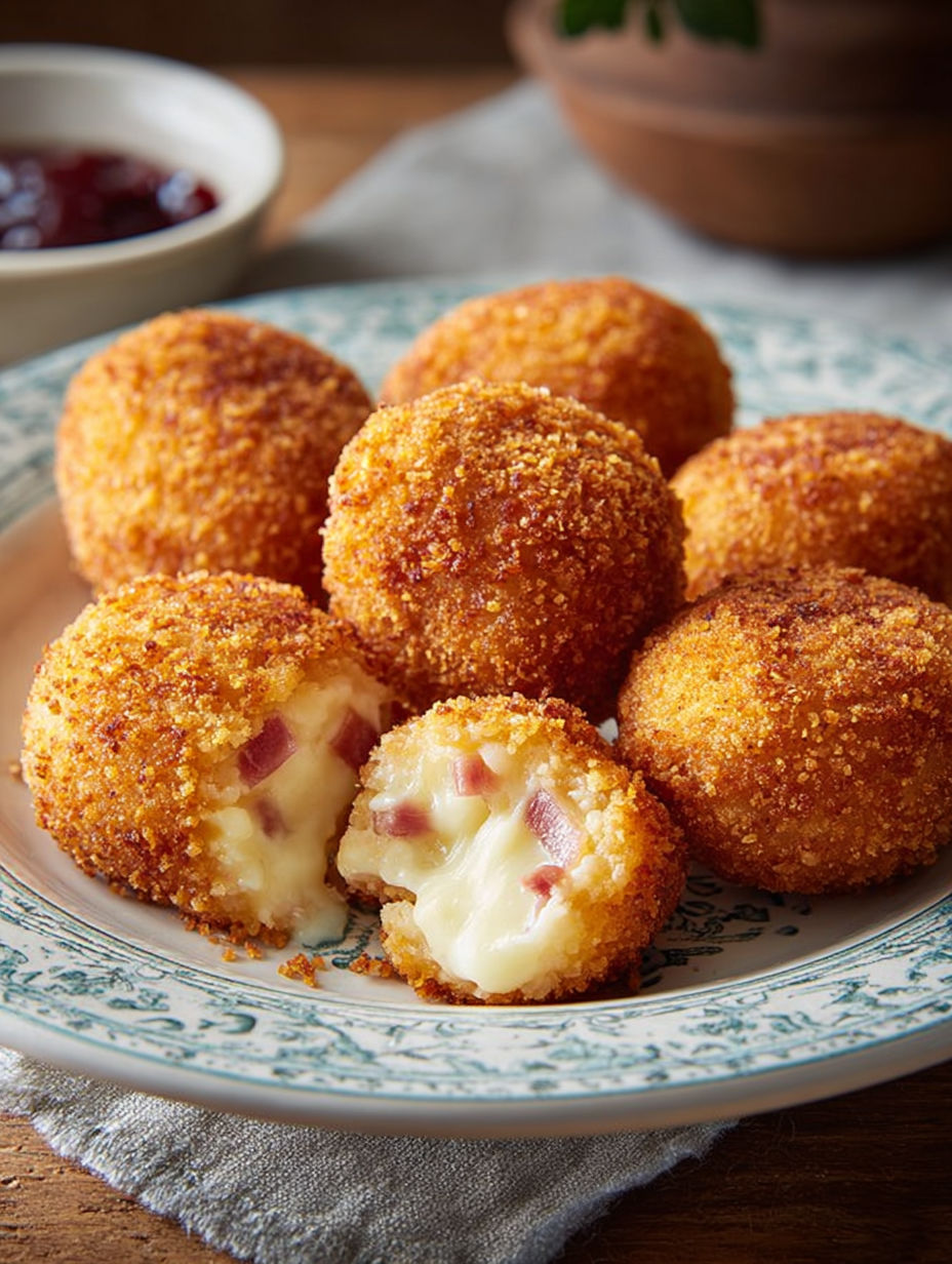 Une pile de croquettes de fromage et de viande sur un plateau.
