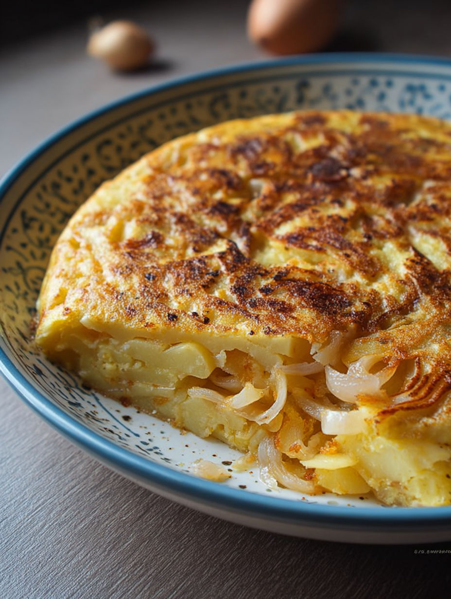 Une tarte aux pommes et aux oignons, servie sur un plateau en céramique.