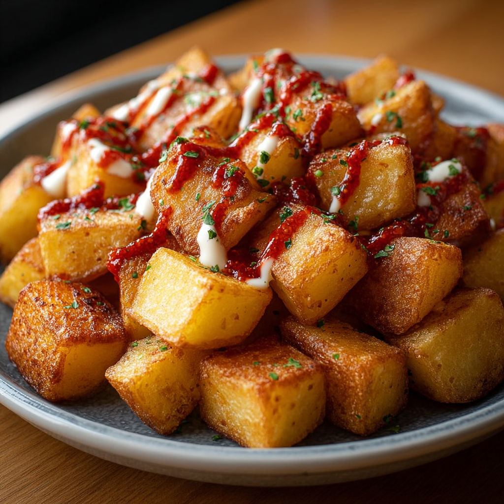 Une pile de pommes de terre frites avec des sauces et des herbes, servies sur un plateau.