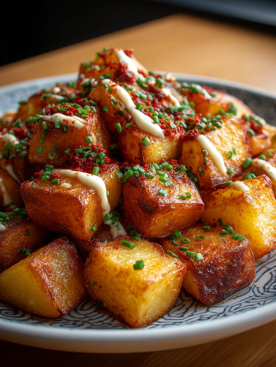 Une pile de papilles de pomme de terre avec une sauce blanche et des herbes vertes, servies sur un plateau.