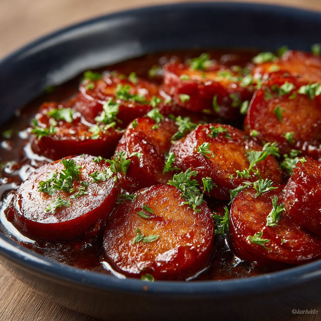Une assiette de chorizo à la sauce tomate est servie sur une table.