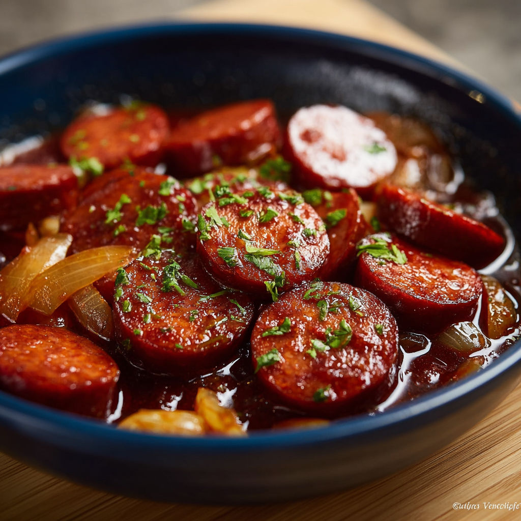 Une recette de sauce tomate et oignon sertie dans un bol bleu.