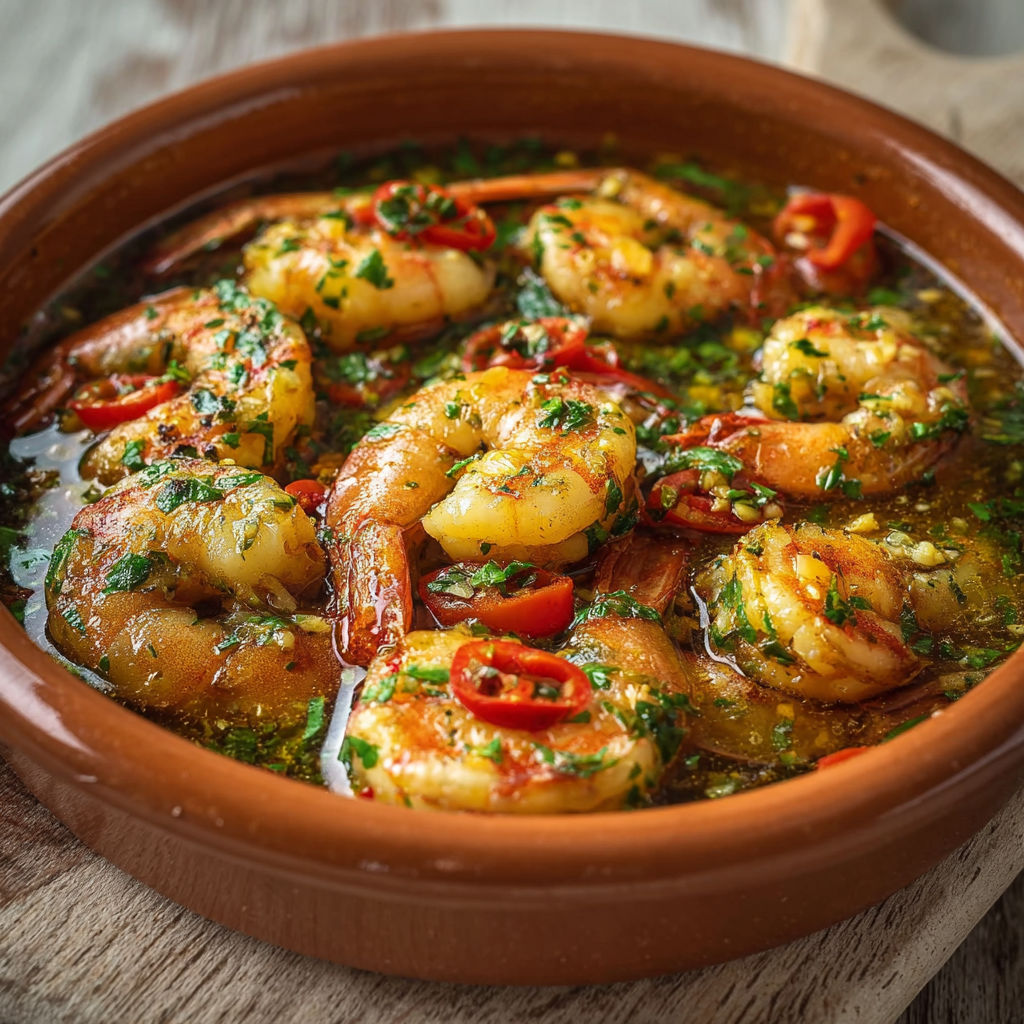 Une assiette de gambas à l'ail façon tapas, avec des pimentos et des herbes, est servie sur une table.