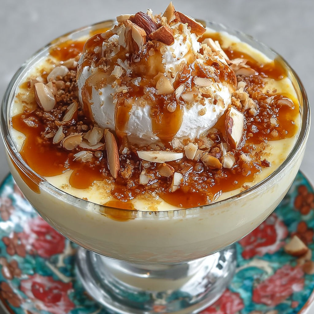Une crème dessert vanille, caramel et amandes croquantes est servie dans un verre.