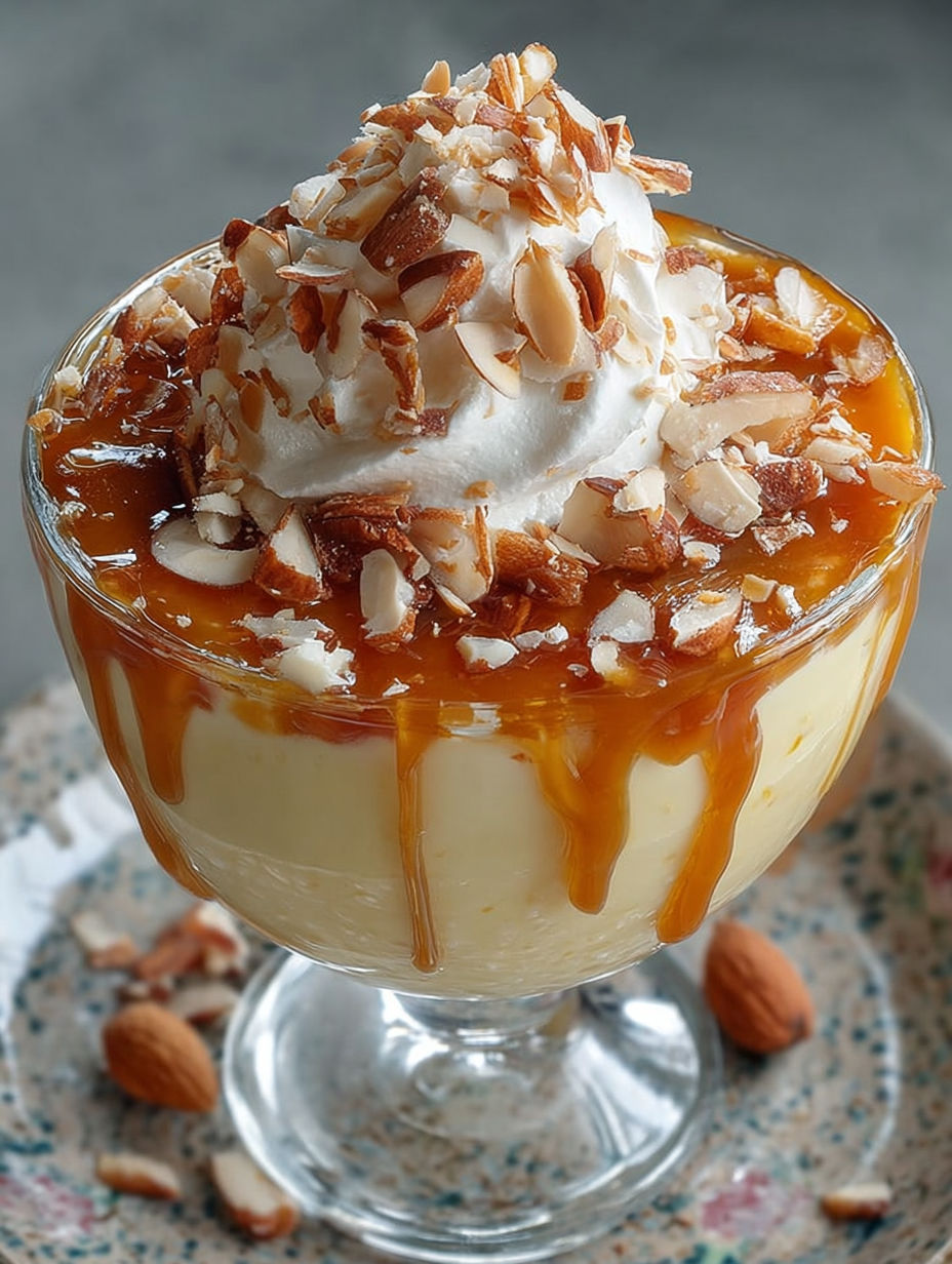 Une délicieuse crème dessert vanille, caramel et amandes croquantes, présentée dans un verre.
