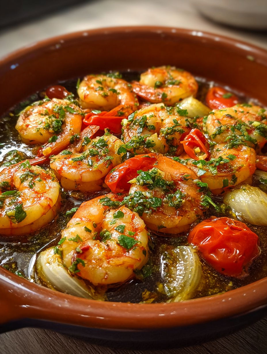 Shrimp in a bowl with a spicy sauce, onions, and tomatoes.