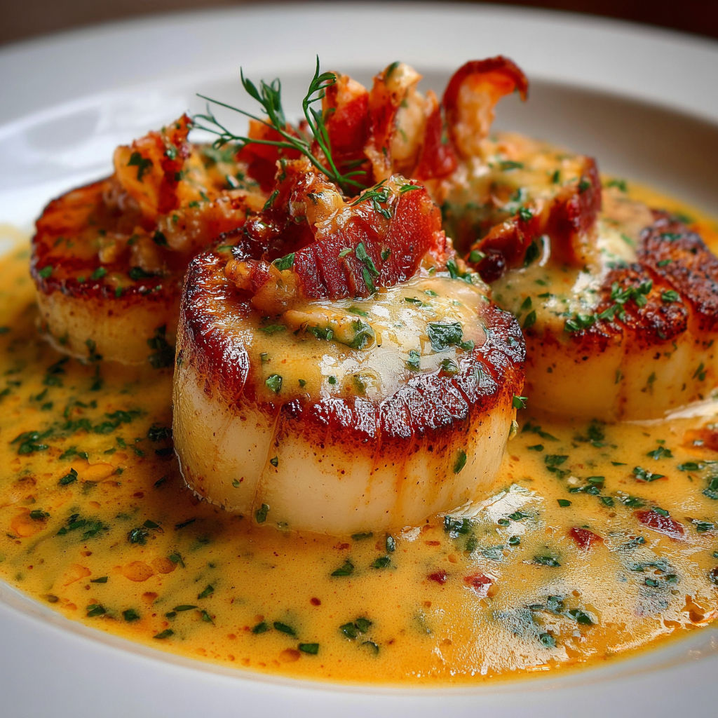 Saint, une recette de coquillages et de bacon, est servie sur un plateau avec une sauce.