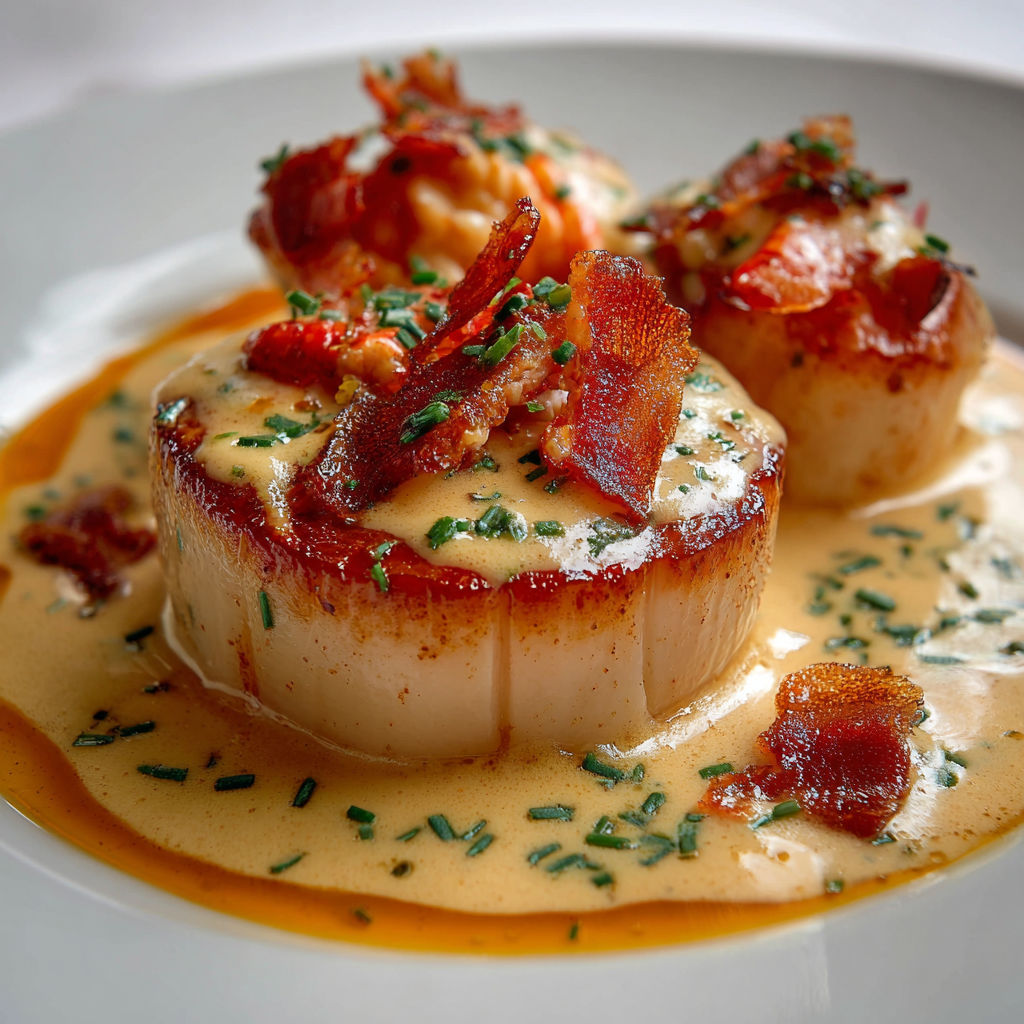 Une recette de coquilles Saint-Jacques en sauce tomate et bacon.