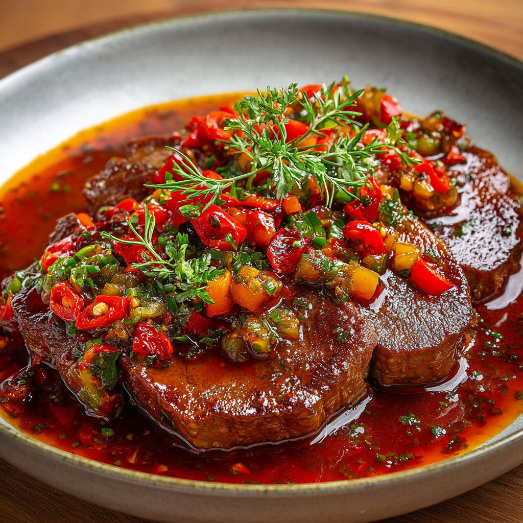 Langue de boeuf en sauce tomate et épices, accompagnée de légumes frais.