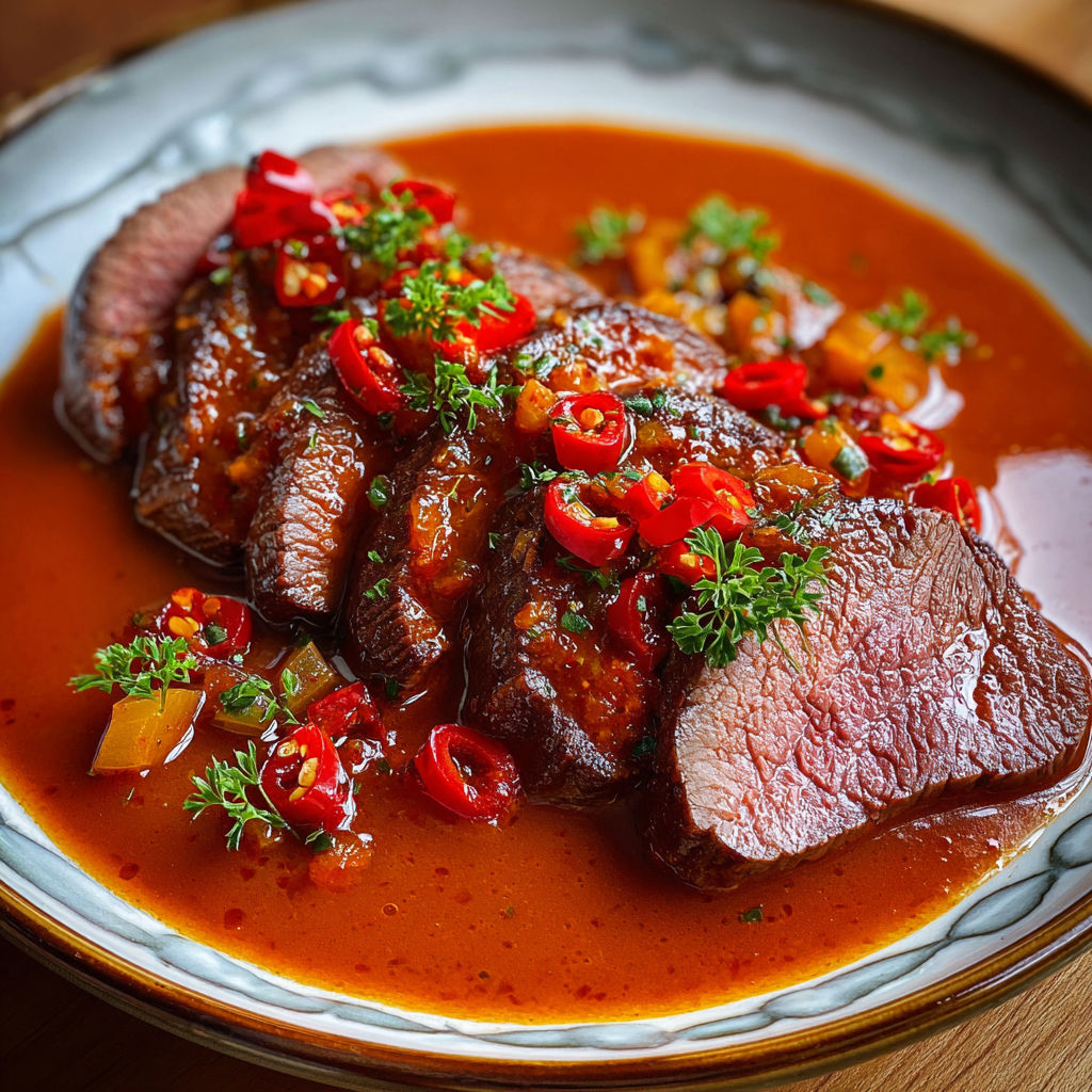 Une viande de boeuf est servie sur une assiette avec des épices et des légumes.