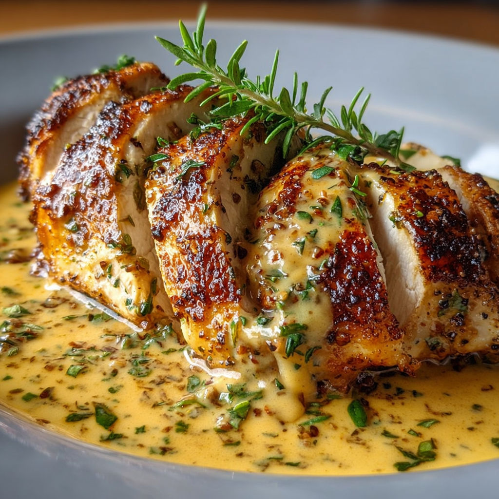 Une poitrine de poulet grillée est servie avec une sauce miel-moutarde crémeuse.