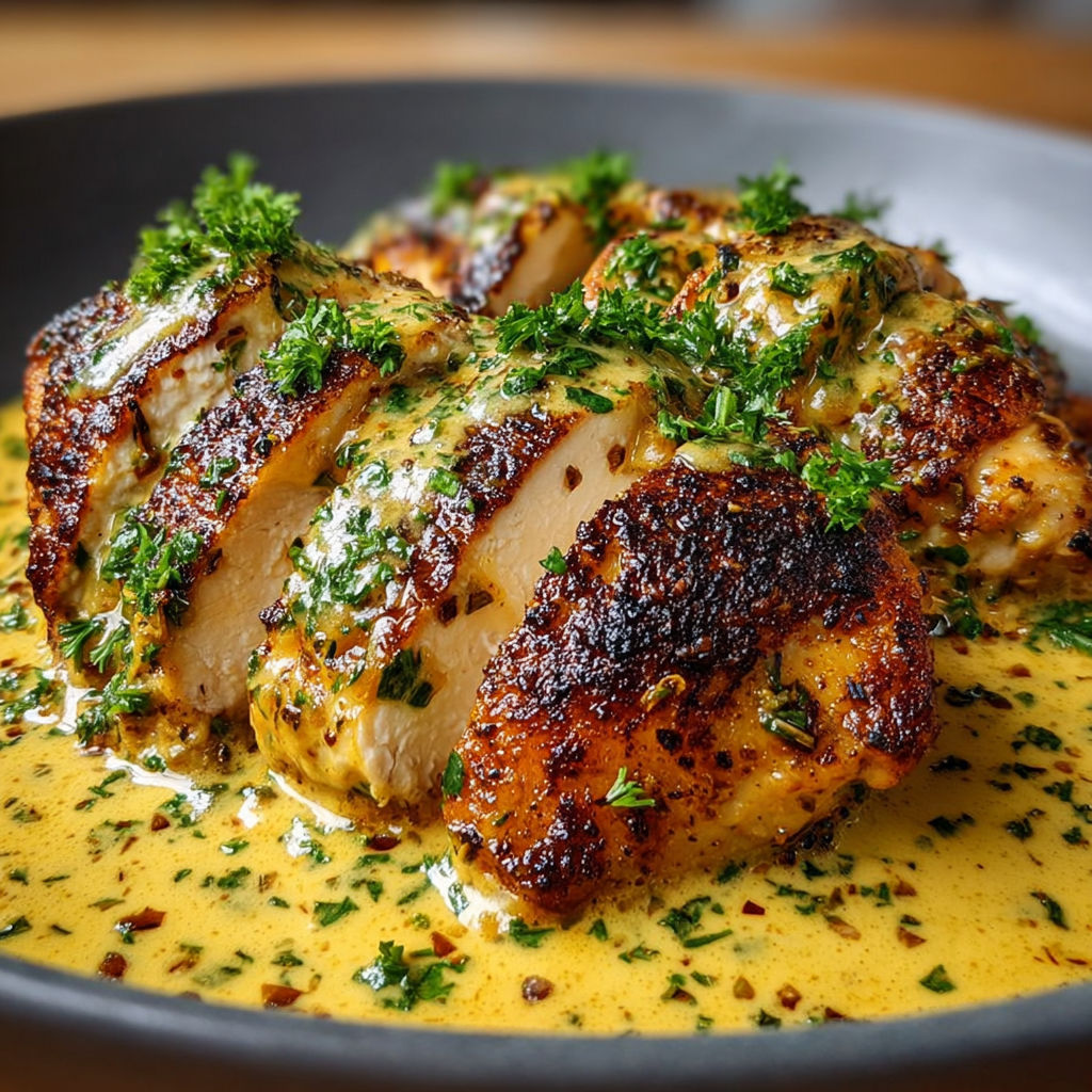 Une poêlée de poulet grillé avec des herbes et des légumes, accompagnée d'une sauce au citron.