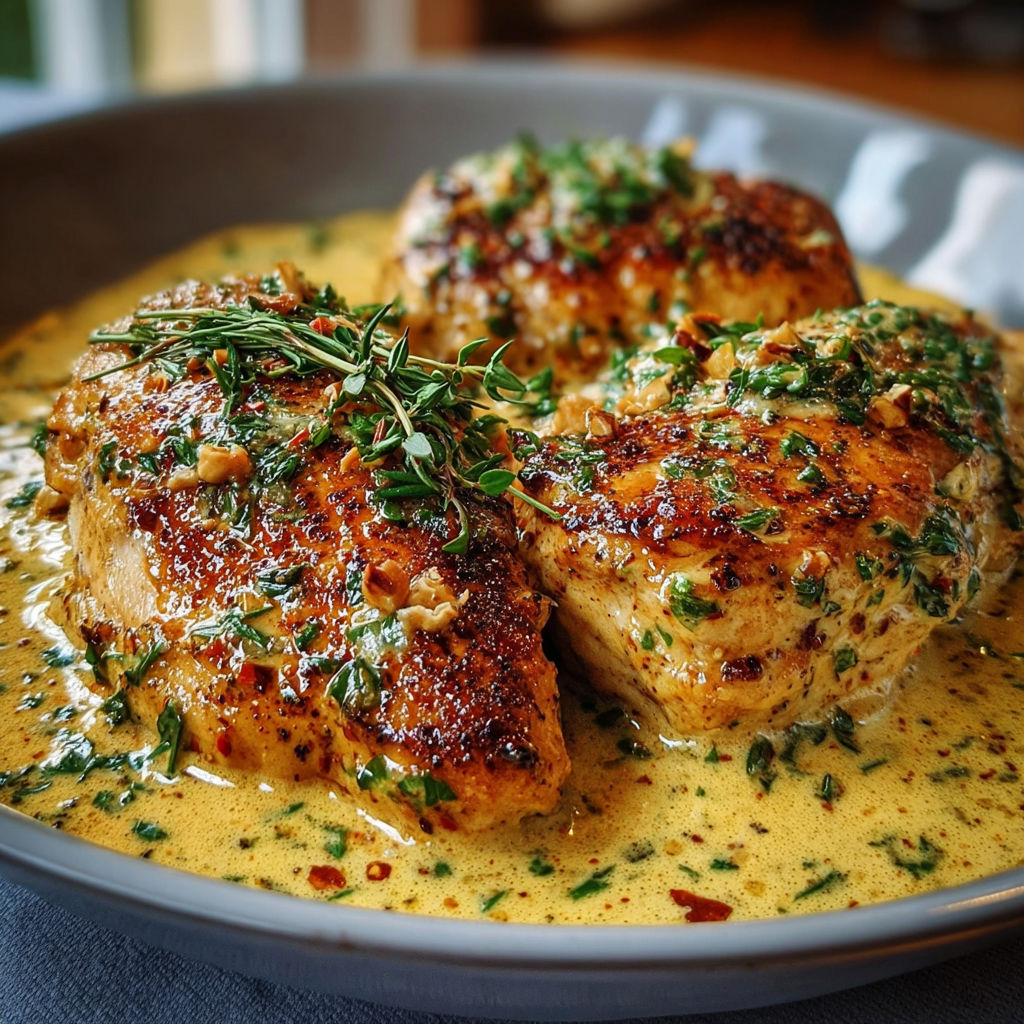 Une poitrine de poulet grillée avec des herbes et une sauce à la moutarde de Dijon et à la crème.