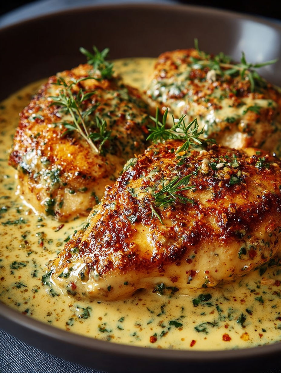 Chicken breast cooked in a creamy sauce with mustard and herbs.