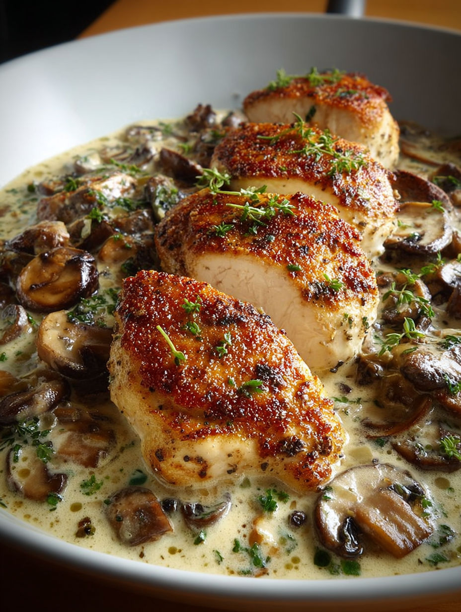 Chicken with mushrooms and herbs in a creamy sauce