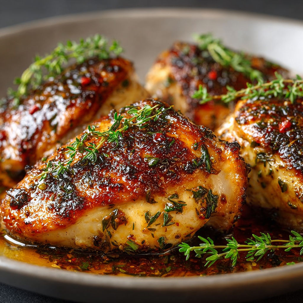 Chicken breasts marinated in a savory sauce, served on a plate with herbs and spices.