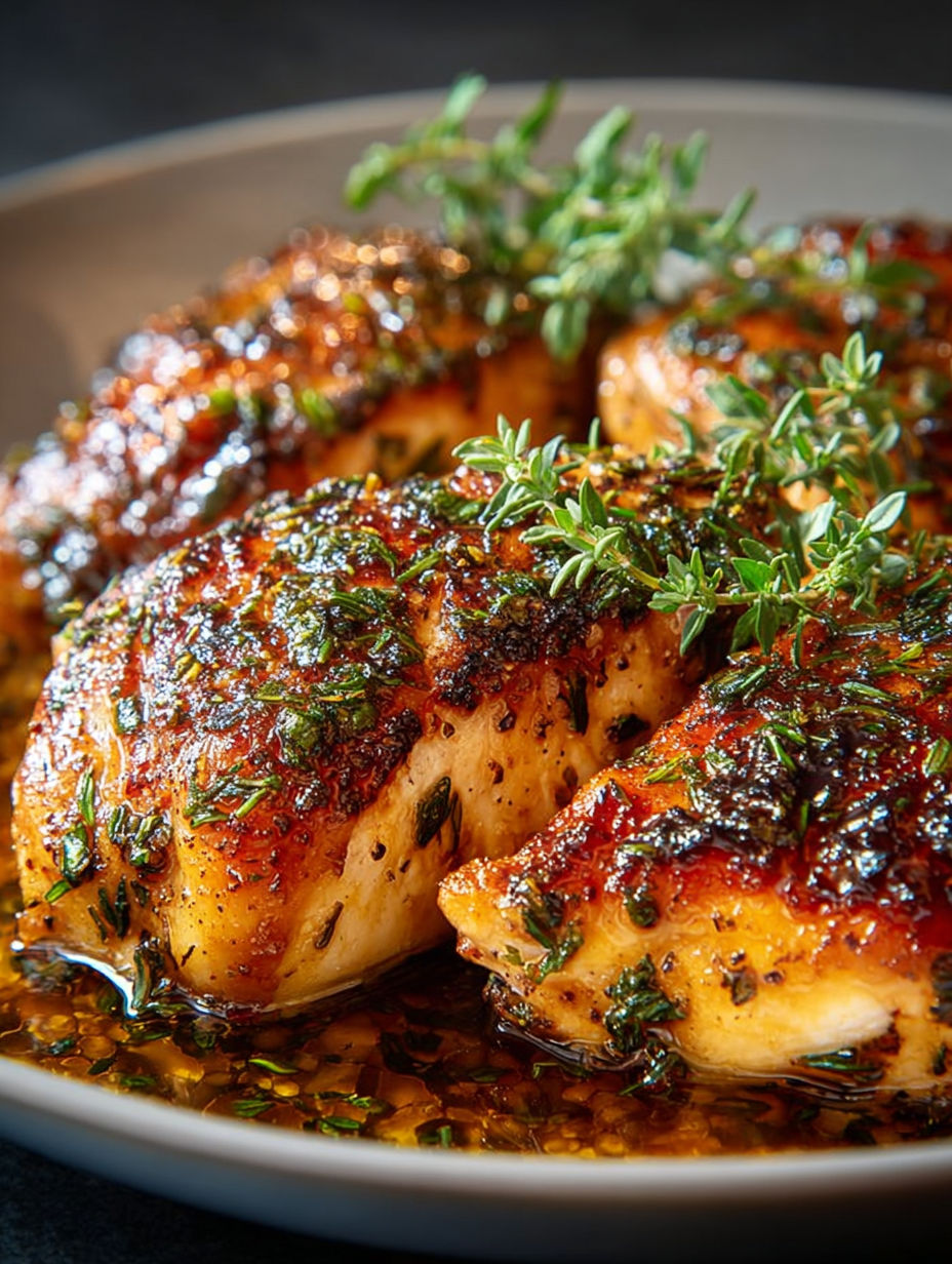 Chicken marinated in a savory sauce, garnished with herbs and spices.